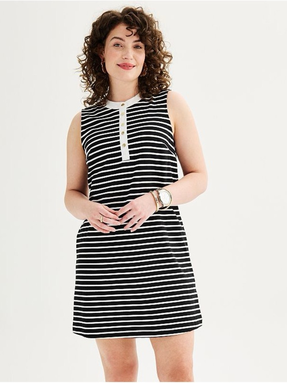 Draper James Shift Dress Size XL Black White Stripe Sleeveless Knit Gold Buttons